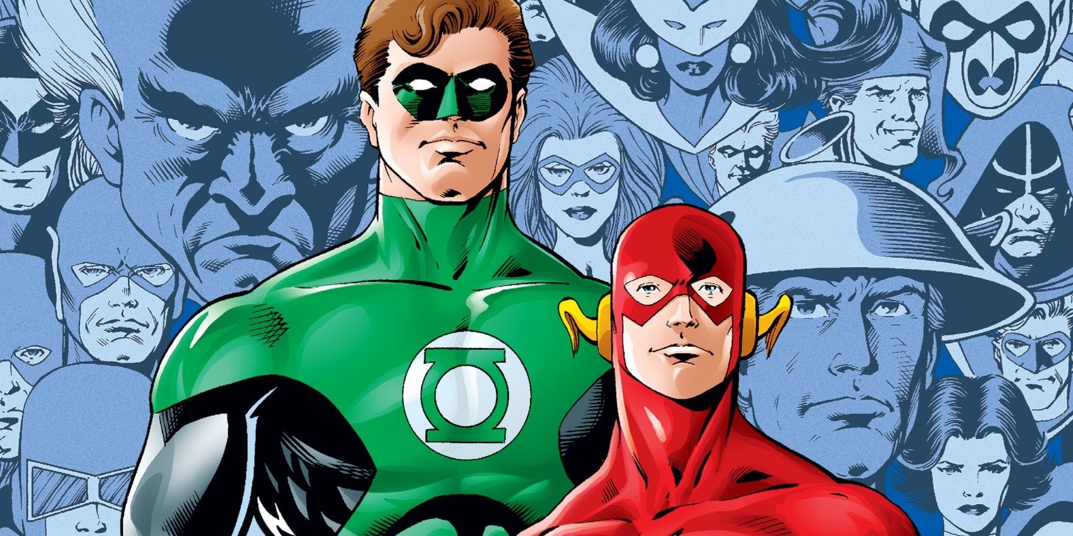 Green Lantern y Flash frente a los rostros de sus aliados