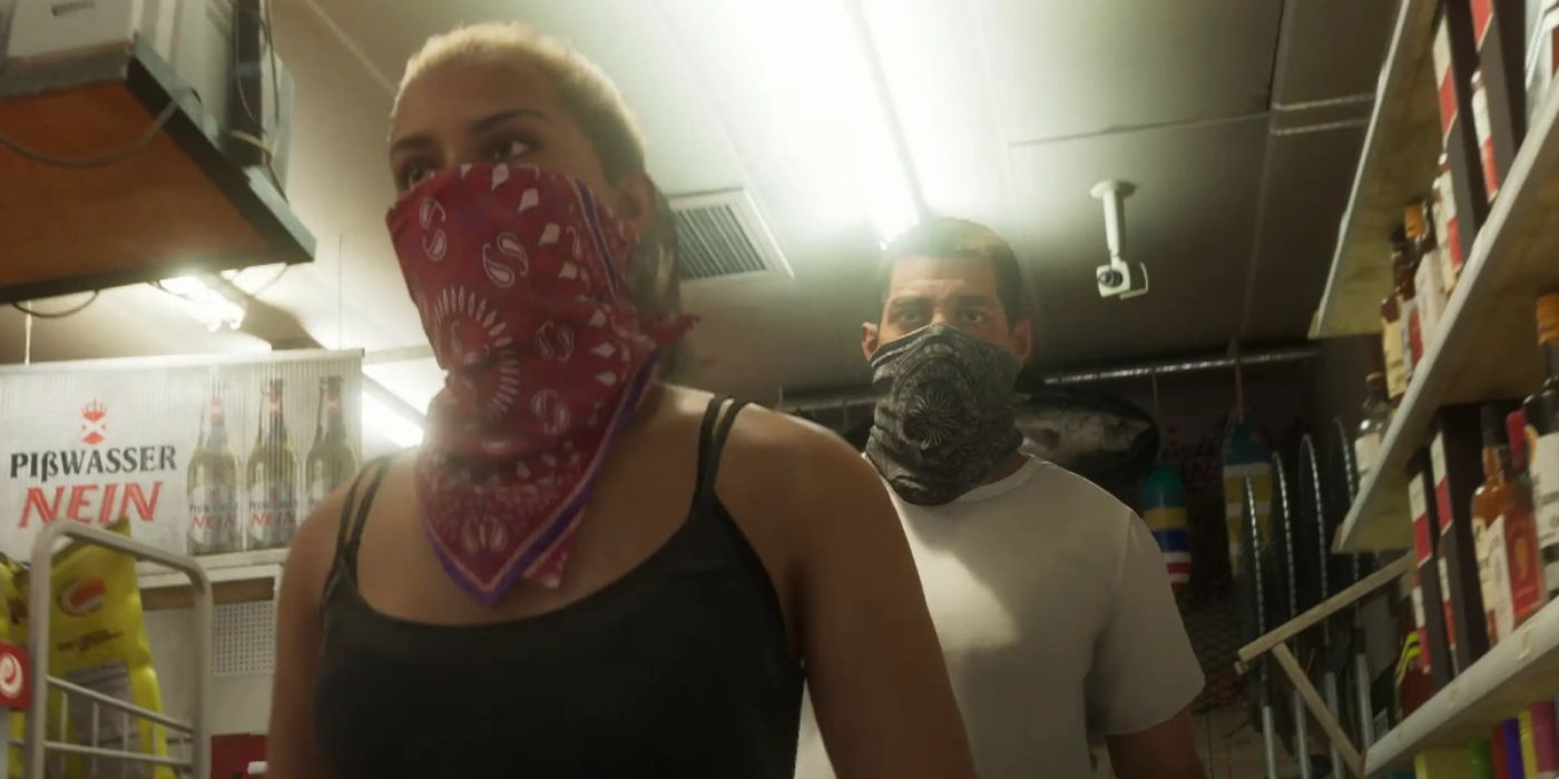 A screenshot from GTA 6 Trailer 1 featuring Lucia and Jason robbing a store