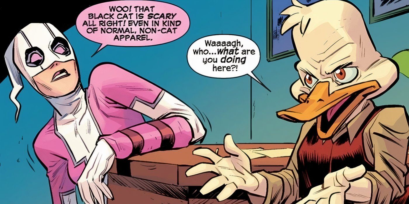 Gwenpool e Howard, o Pato, conversando em seu escritório.-1