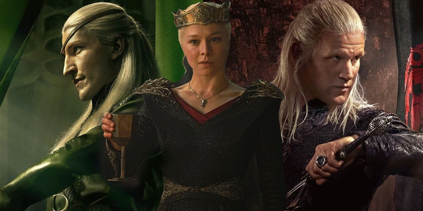 Split image of Aemond (Ewan Mitchell), Rhaenyra (Emma D'Arcy), and Daemon Targaryen (Matt Smith) in House of the Dragon