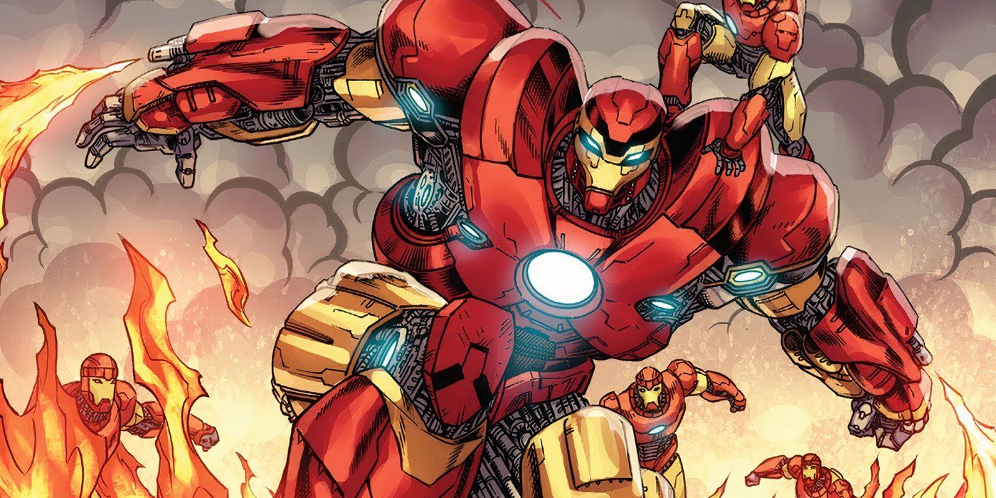 Iron Man fighting Stark Sentinels in the Sentinel Buster Armor from Fall of the House of X