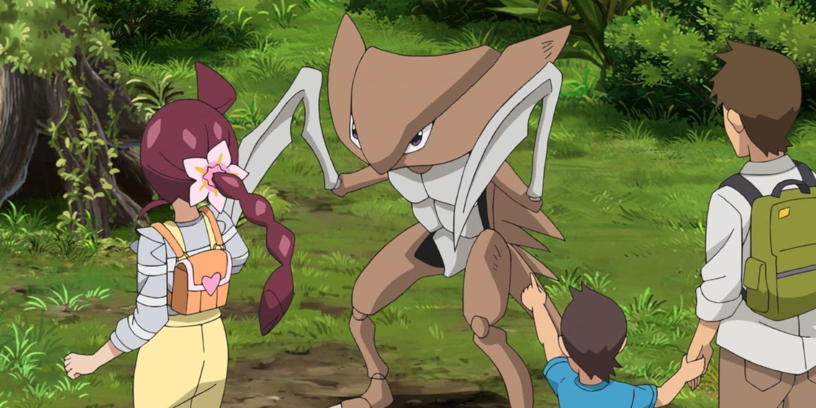 Pessoas interagindo com um Kabutops no anime Pokémon