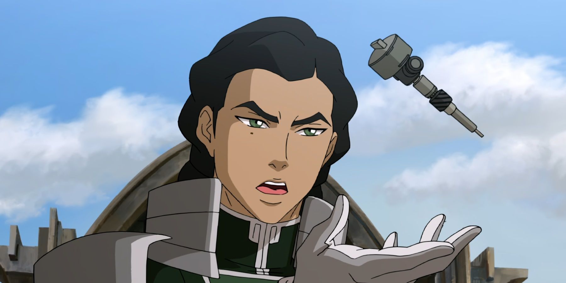 Kuvira holds up a missing gadget.