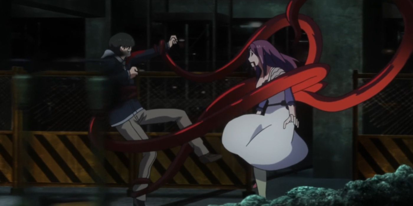 Rize grabs Ken Kaneki with her Kagune tentacles in Tokyo Ghoul.