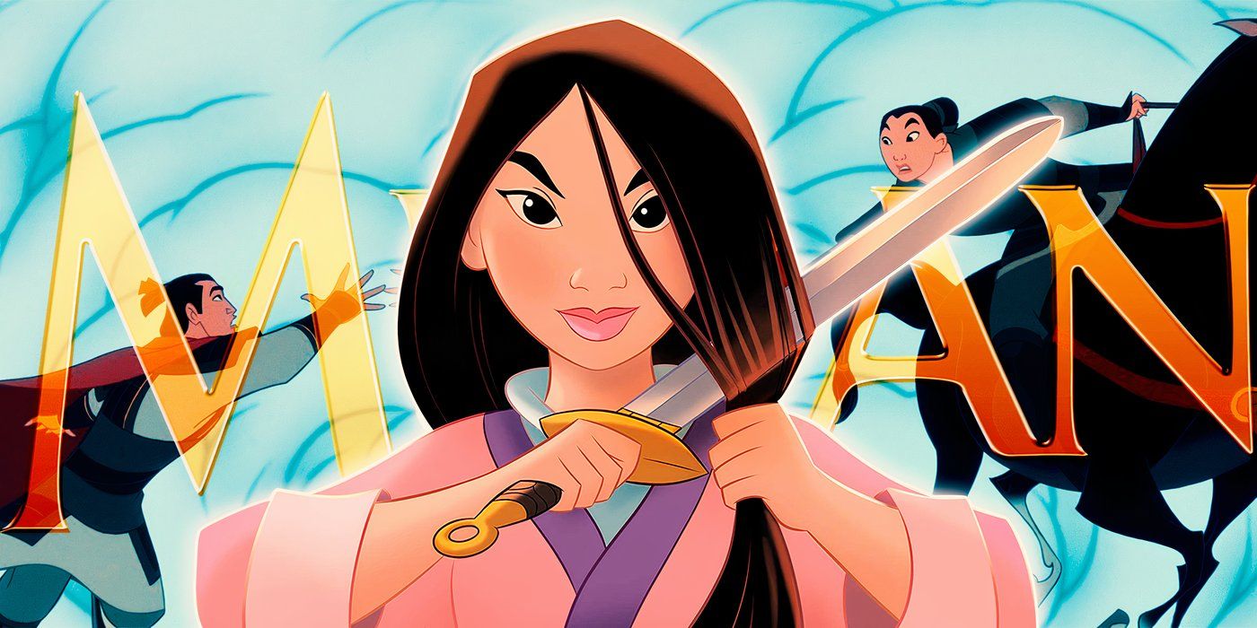 Mulan cutting her hair with Li Shang behind her in Mulan (1998)