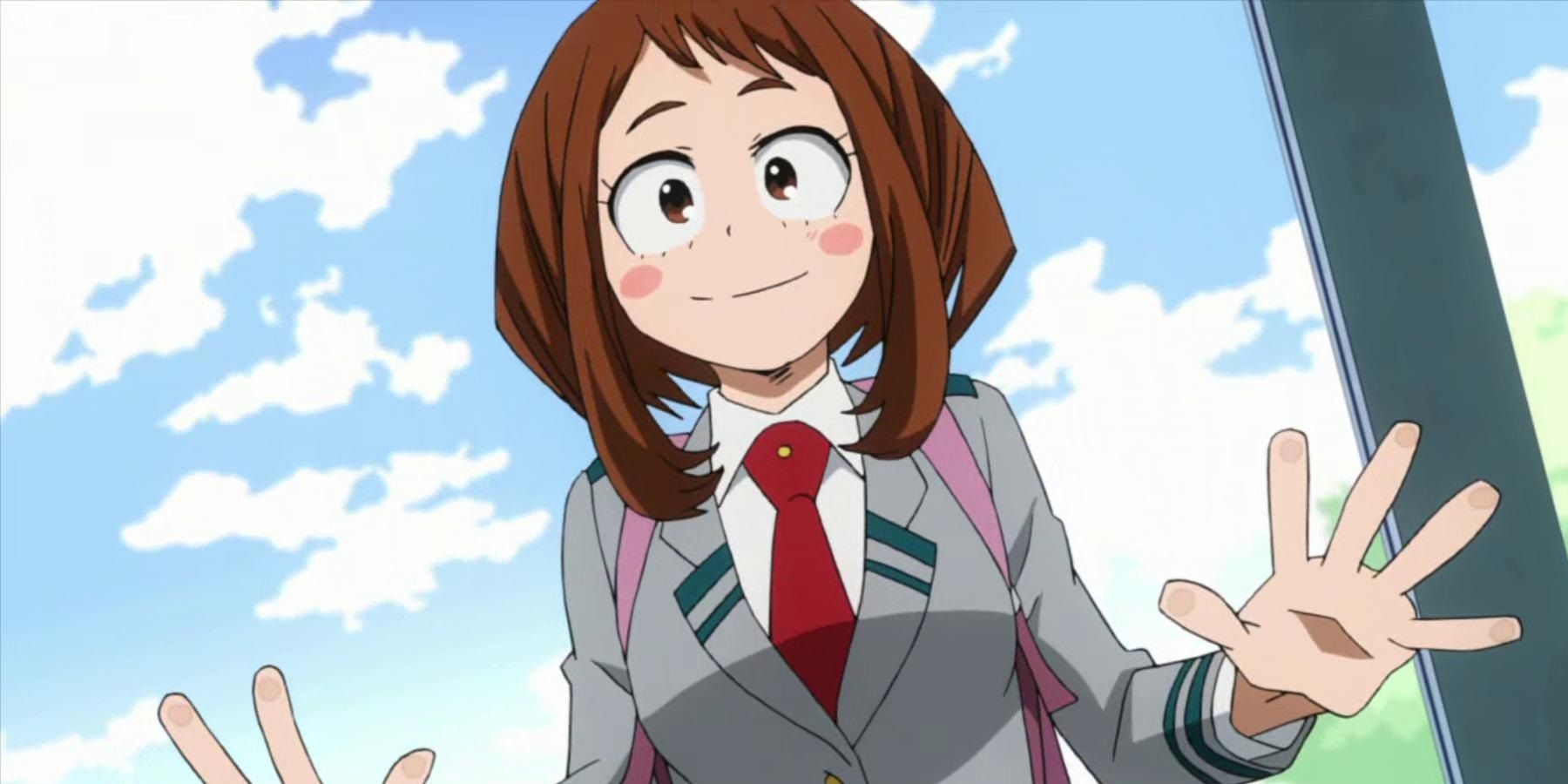 ochaco at school with her hands out.