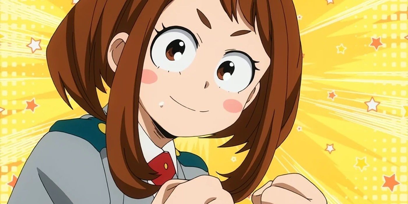 Ochaco Uraraka grins against a yellow background.