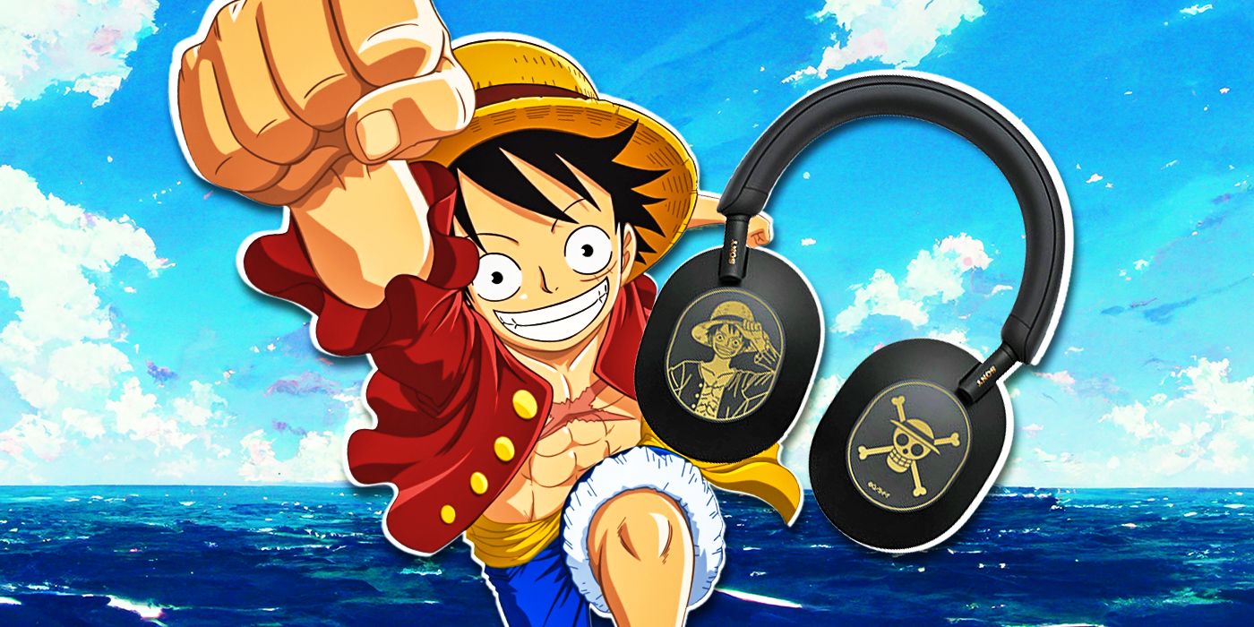 Luffy from the anime series One Piece with over-ear headphones from Sony