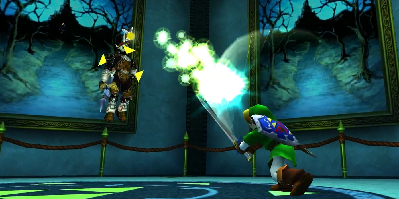 Link strikes Phantom Ganon's energy ball back at him in The Legend of Zelda: Ocarina of Time 3D.