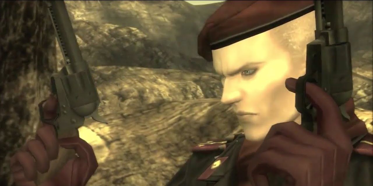 Revolver Ocelot spins his revolvers while talking to Snake.