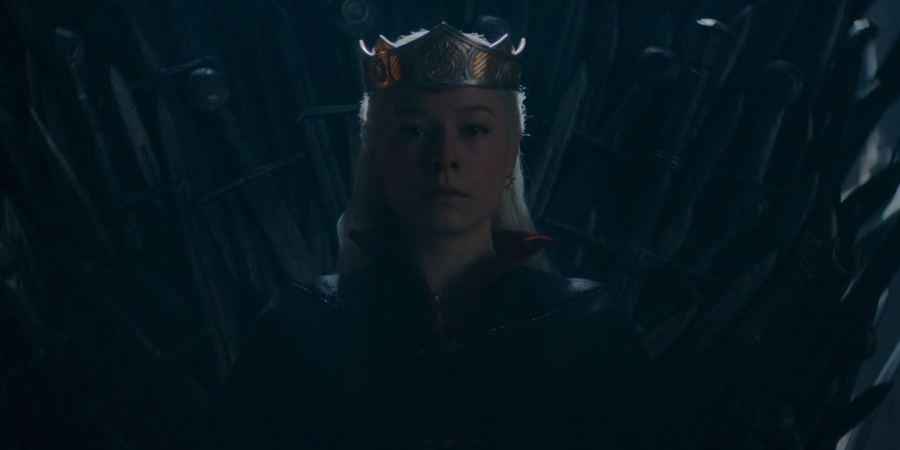 Rhaenyra Targaryen (Emma D'Arcy) sits on the Iron Throne in Daemon's vision in House of the Dragon