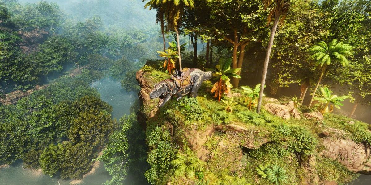 Un jugador montando un T-Rex cerca de un acantilado en Ark Survival Ascended