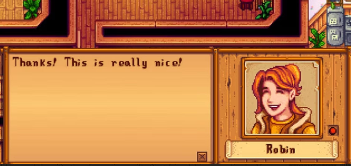 Robin te agradece en Stardew Valley.