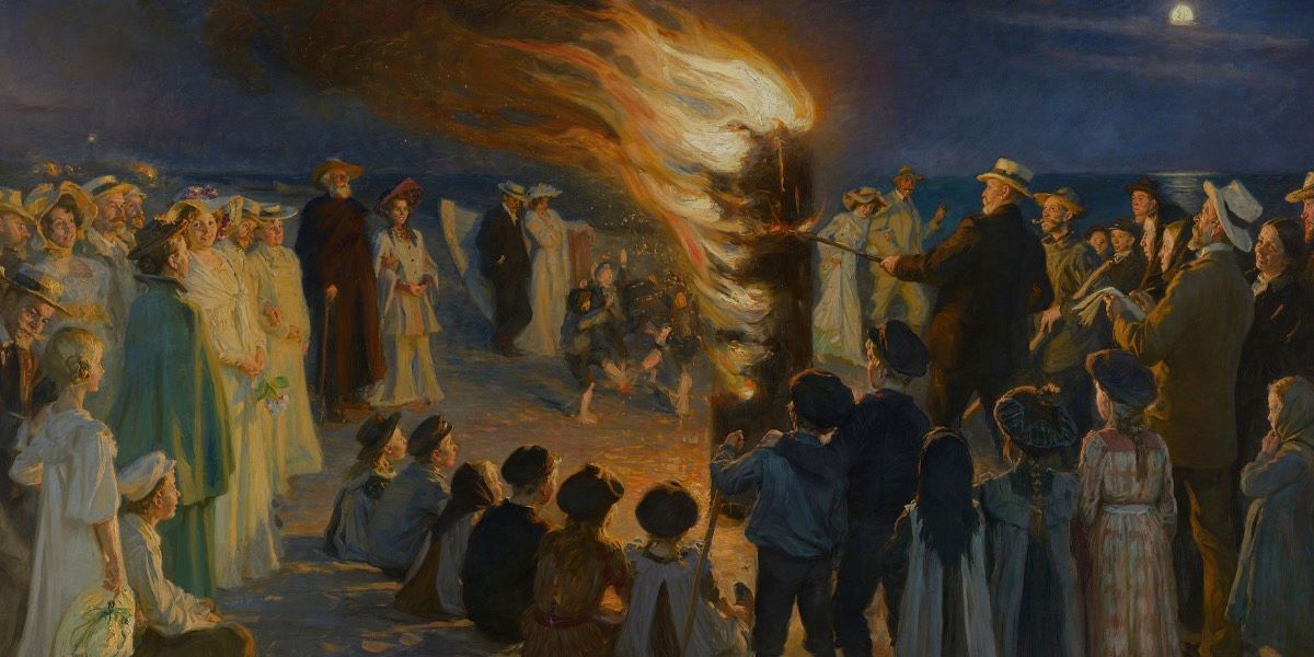 Pintura a óleo de 1906 intitulada Fogueira da véspera do solstício de verão na praia de Skagen, de PS Krøyer.