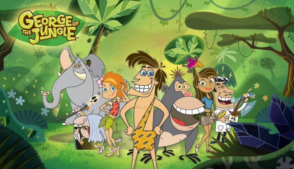 George y el elenco de personajes posan para el póster de George of the Jungle.