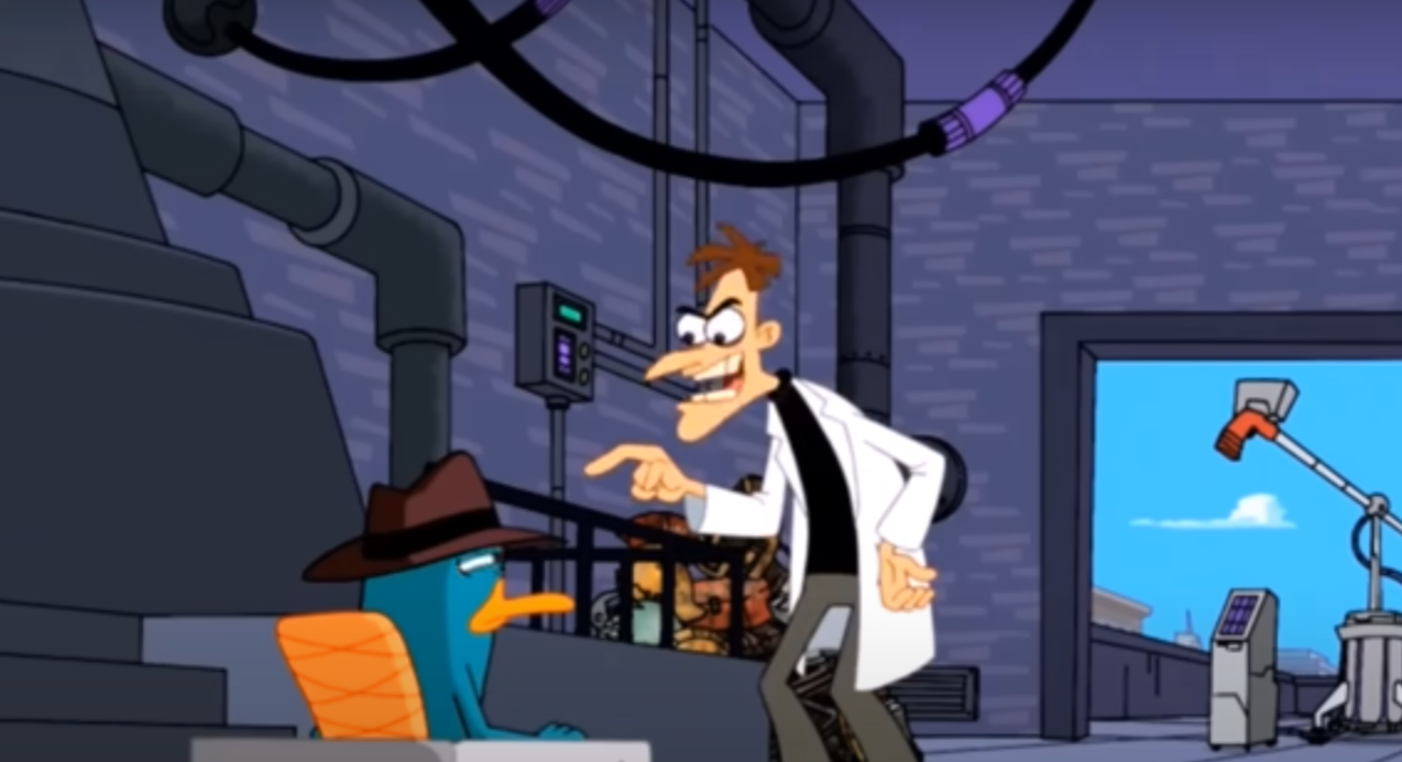 Doofenshmirtz zomba de Perry, o Ornitorrinco, por estar preso no cimento em Phineas e Ferb.