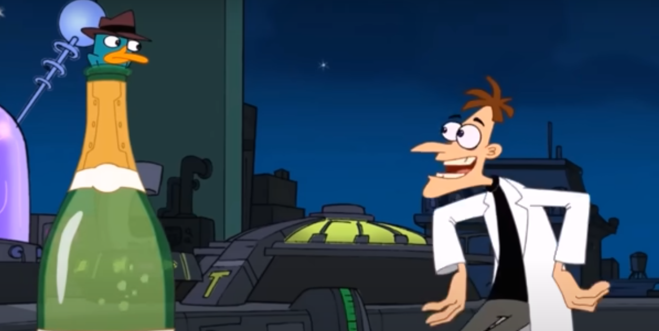 Perry, o Ornitorrinco, fica preso em uma garrafa de cidra, para deleite de Doofenshmirtz em Phineas e Ferb.