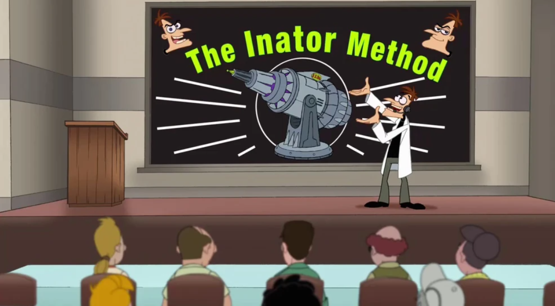 Dr. Doofenshmirtz explica seu Método Inator em um seminário motivacional em Phineas e Ferb.