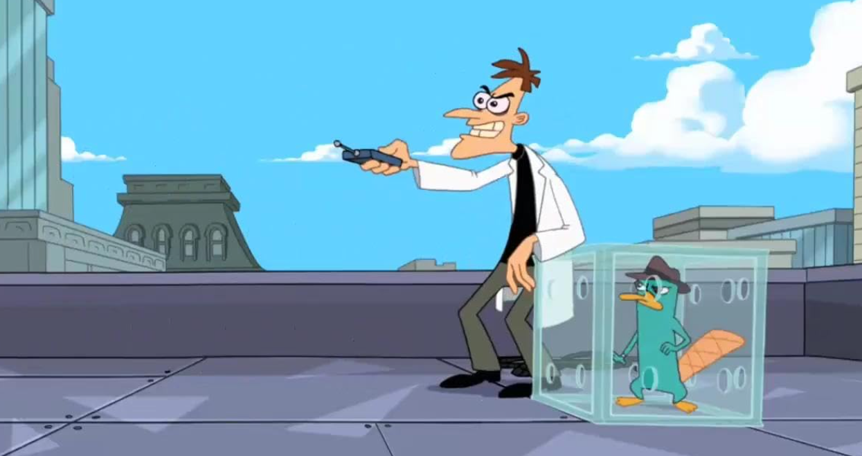 Doofensmirtz explica seu último gadget para Perry, o Ornitorrinco, em Phineas e Ferb.