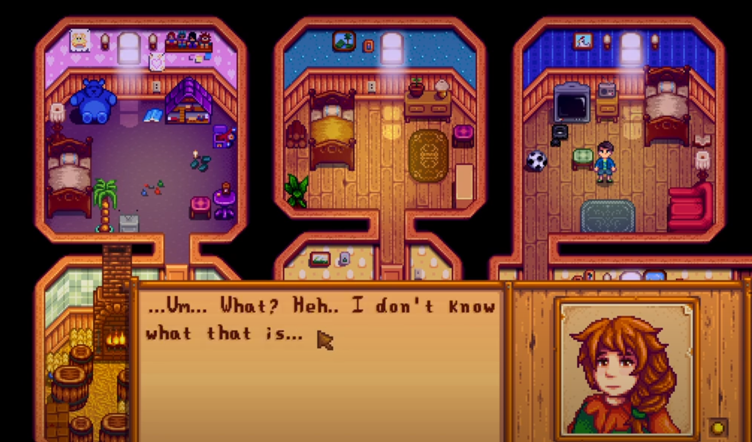 Marnie reacciona al regalo del alcalde Lewis de Lucky Purple Shorts en Stardew Valley.