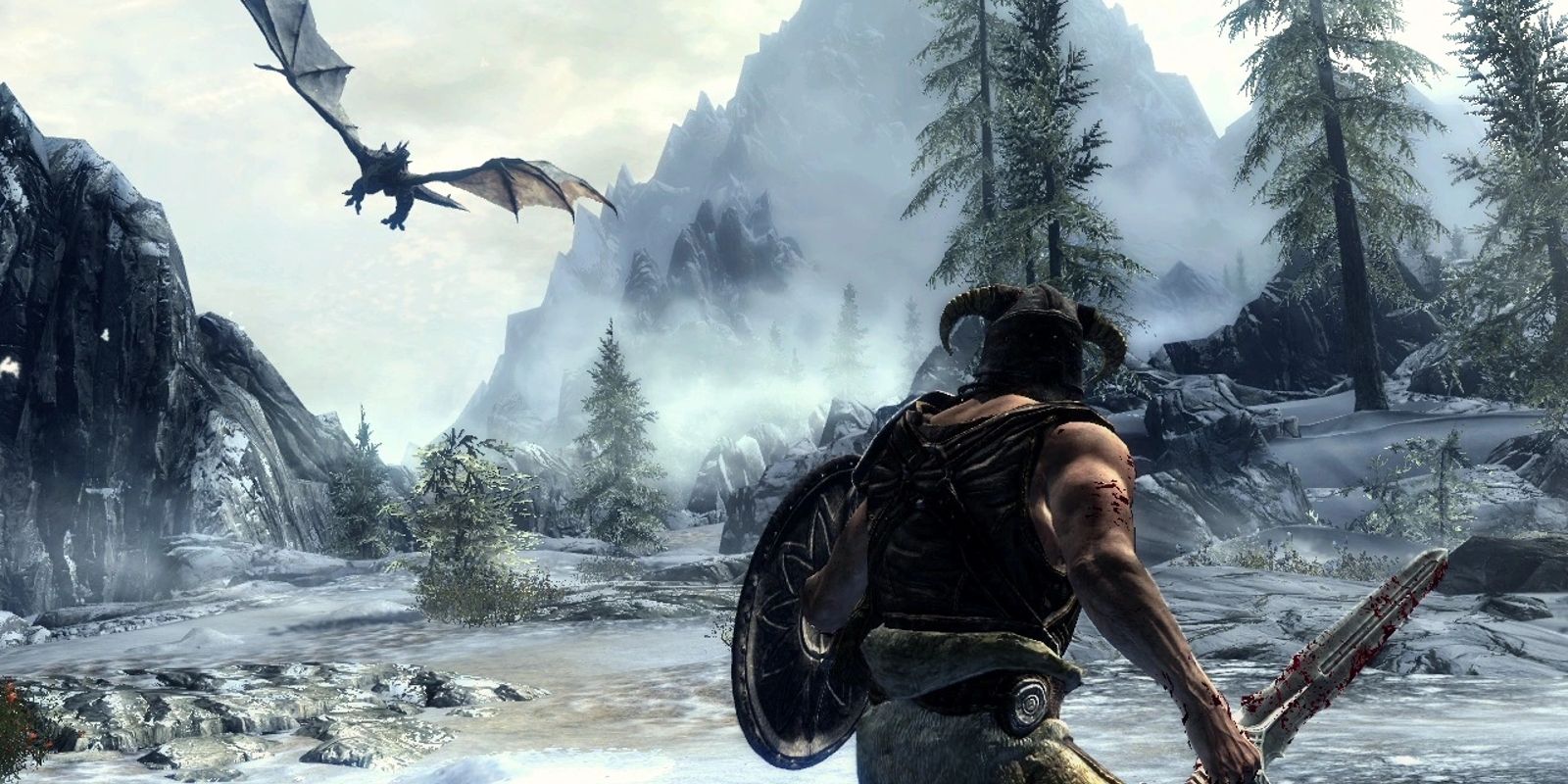 The Dragonborn faces a dragon in The Elder Scrolls V: Skyrim.