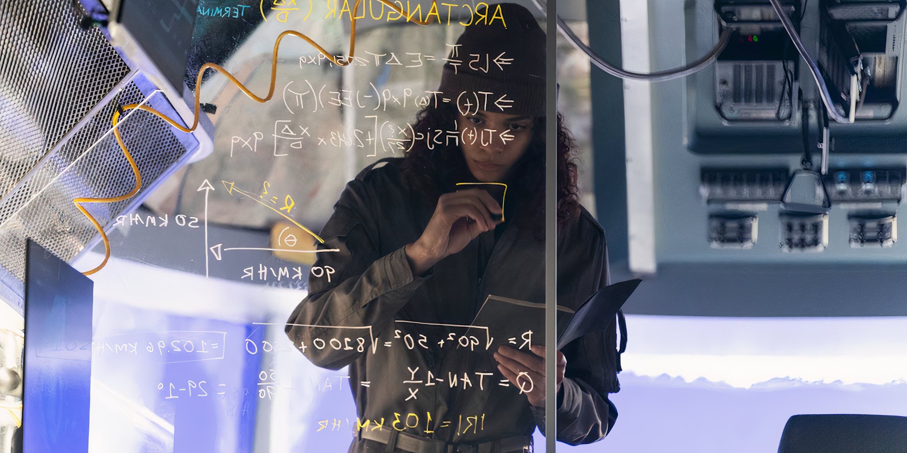 A young woman works out an equation on glass on Snowpiercer