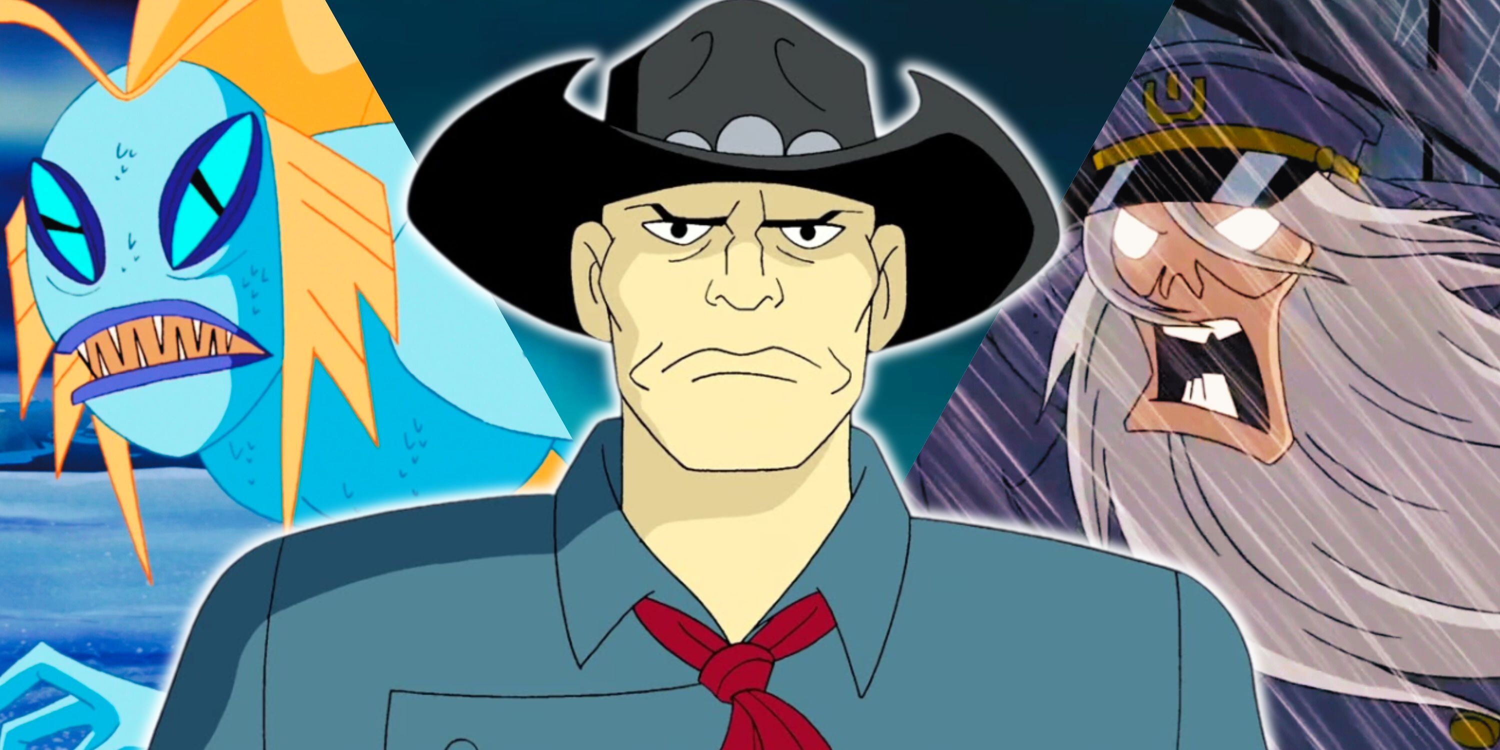 Composite image Scooby villains fish monster, cowboy, lighthouse keeper