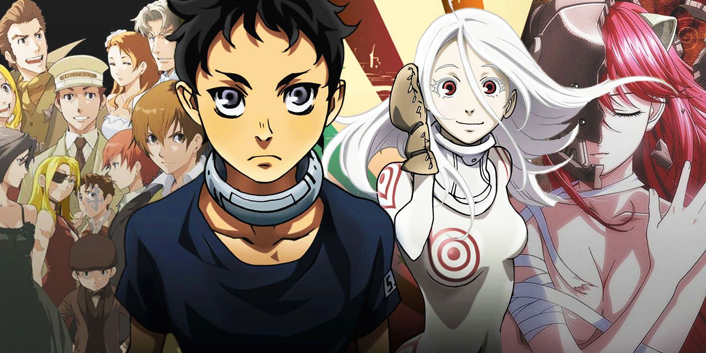 split image of  Baccano, Deadman Wonderland, and Elfen Lied