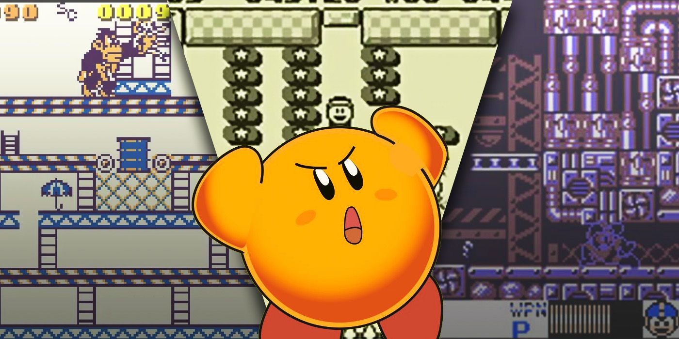 split image of Kirby's Block Ball, Donkey Kong for Game Boy and Mega Man V