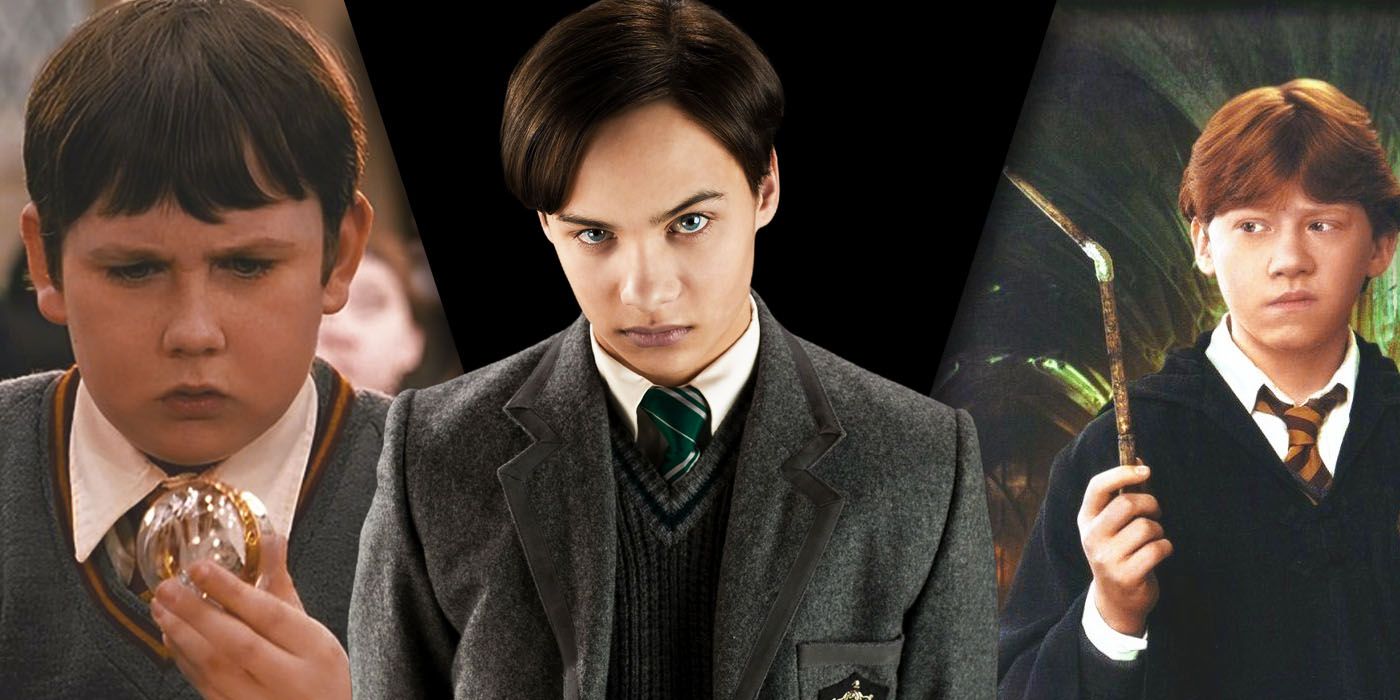 split image shows Neville with a Remembrall, a young Tom Riddle and Ron's broken wand