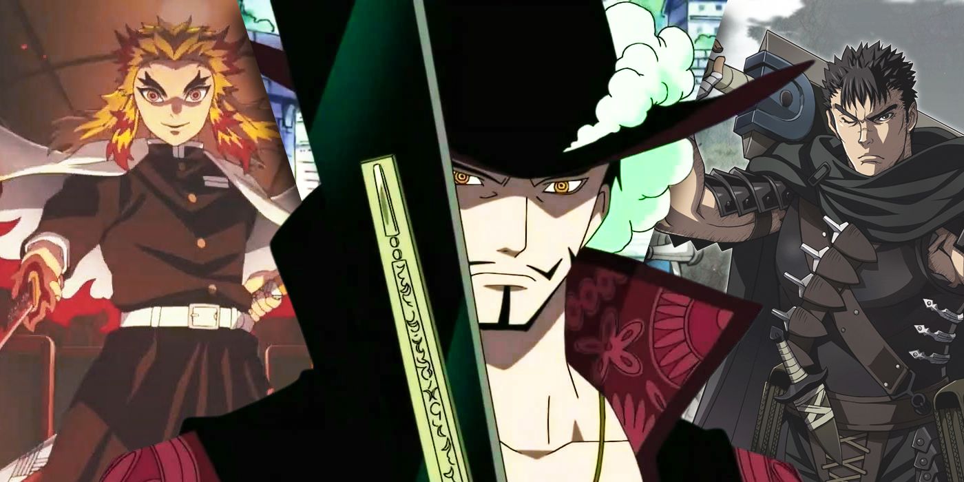 Split image of Rengoku, Mihawk, and Guts.