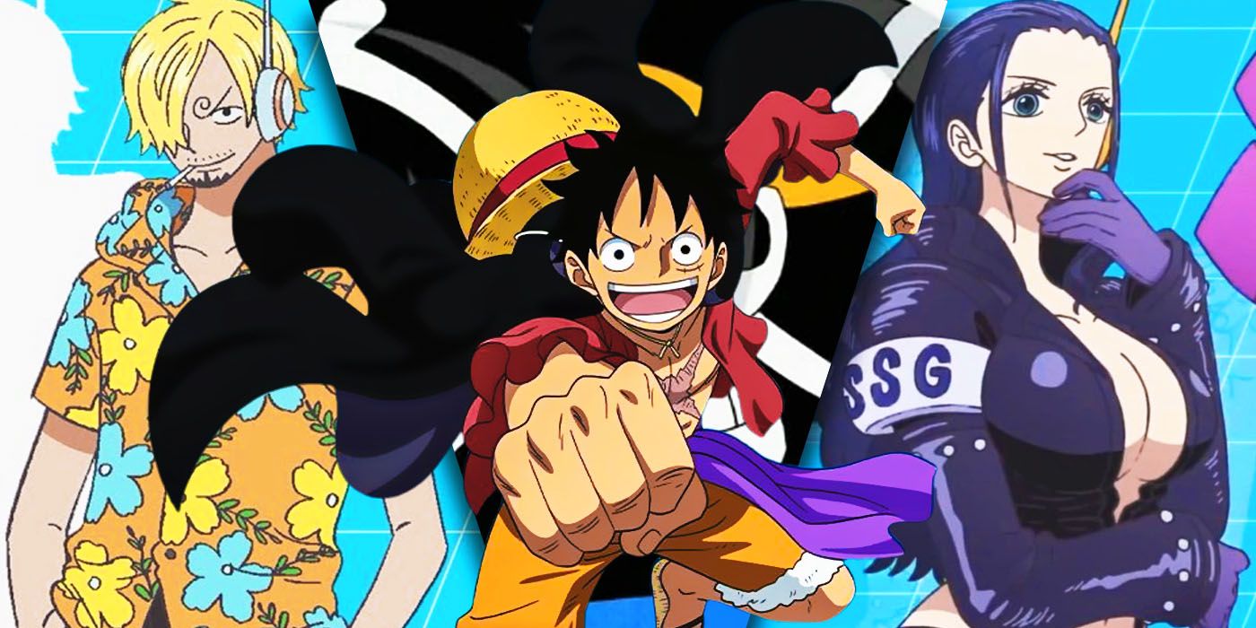Imagem dividida de Sanji, Luffy e Robin