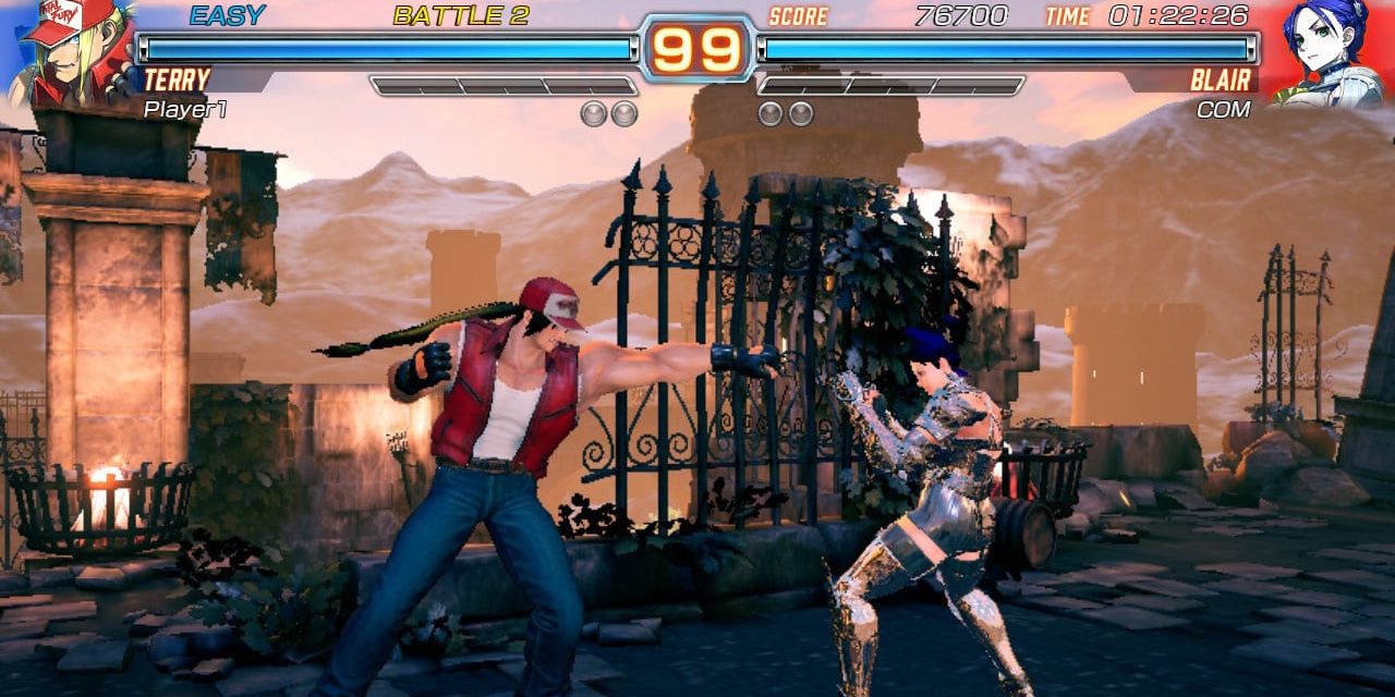 Terry Bogard throws a punch at Blair Dame in defense in Fighting EX Layer Another-Dash.