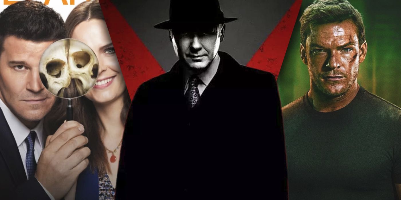 Split image of characters from The Blacklist, Bones, and Reacher