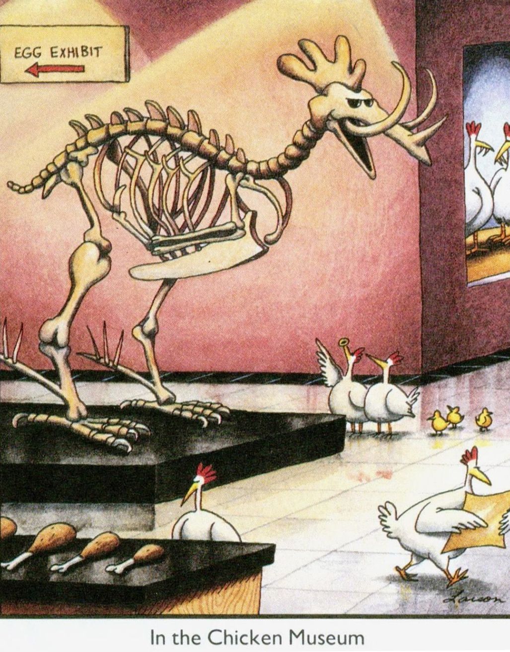 Chickens walk through exhibits with dinosaur-like giant chicken bones in The Far Side