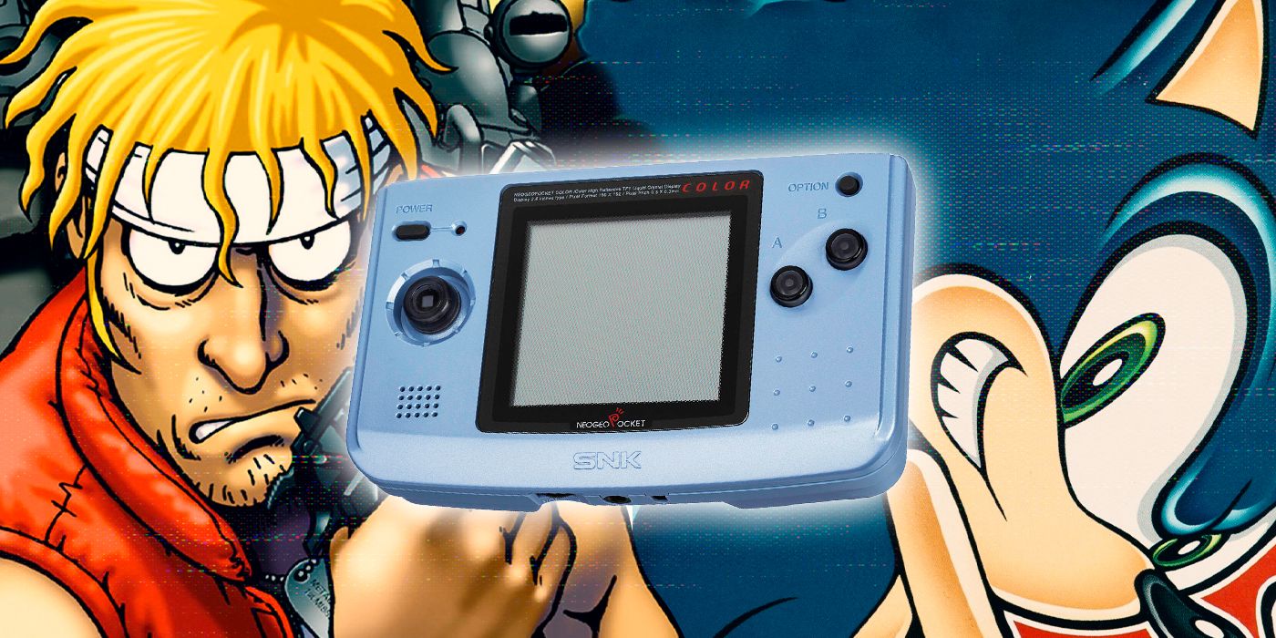 SNK Neo Geo Pocket Color, on a background of gameplay from Sonic the Hedgehog Pocket Adventure and Metal Slug 1st Mission