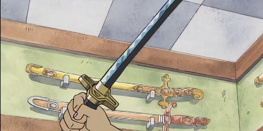 O lojista de Logue Town está mostrando Yubashiri para Roronoa Zoro e Tashigi em One Piece.