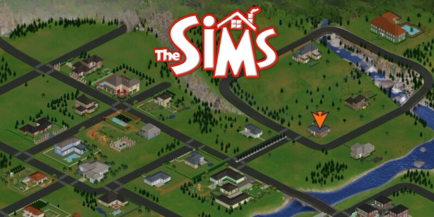 The Sims (2000) Banner sobre uma vista isométrica de uma cidade.