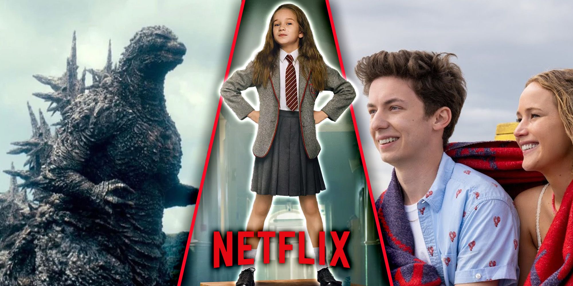 Triple split image of Godzilla Minus One, Matilda the Musical and No Hard Feelings