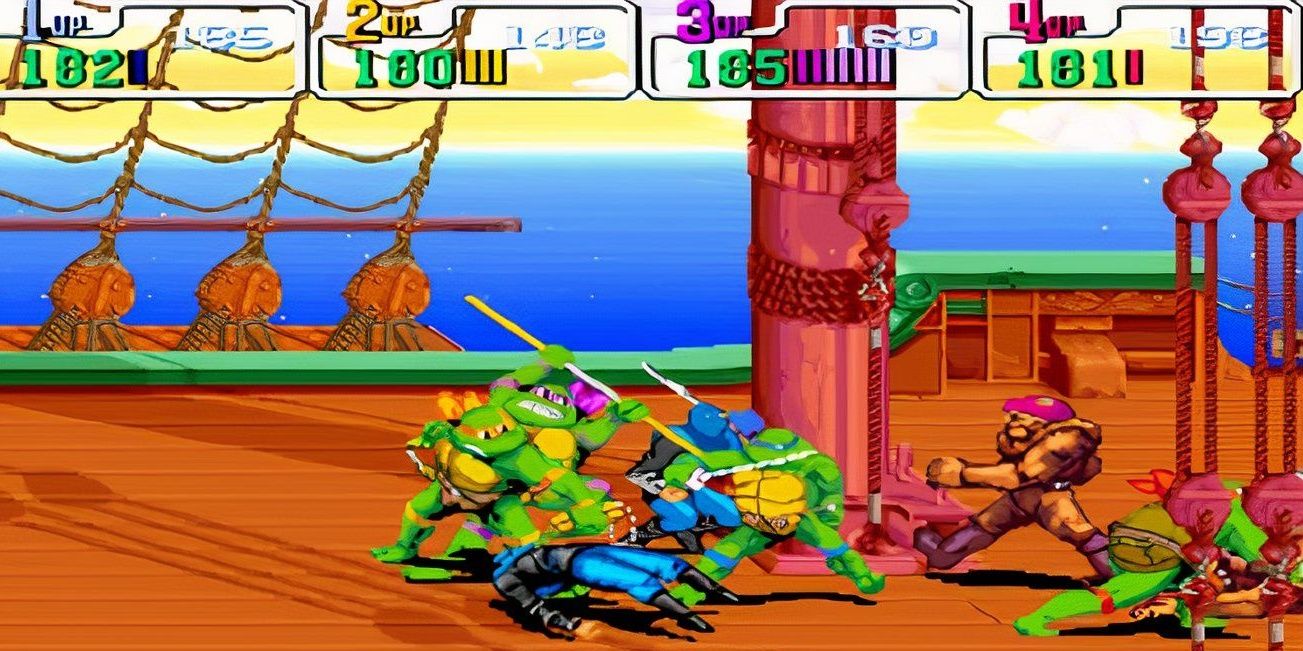 Turtles fight on a pirate ship in TMNT Turtles In Time.