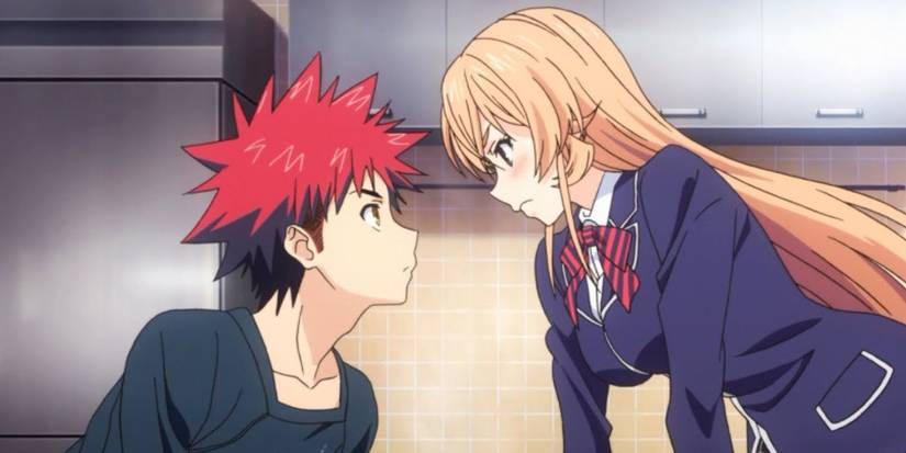 Soma and Erina leaning in close in the Food Wars anime