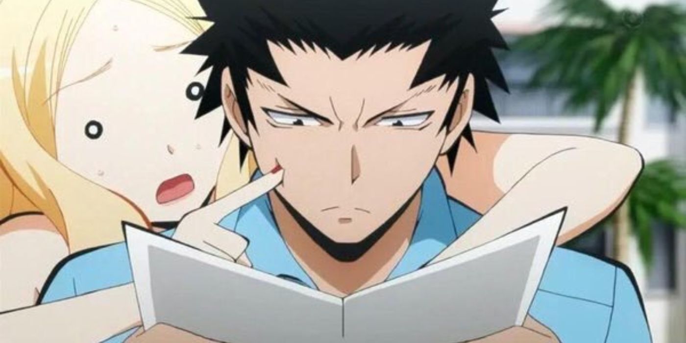 Irina toca la cara de Karasuma mientras intenta leer en el resort. 