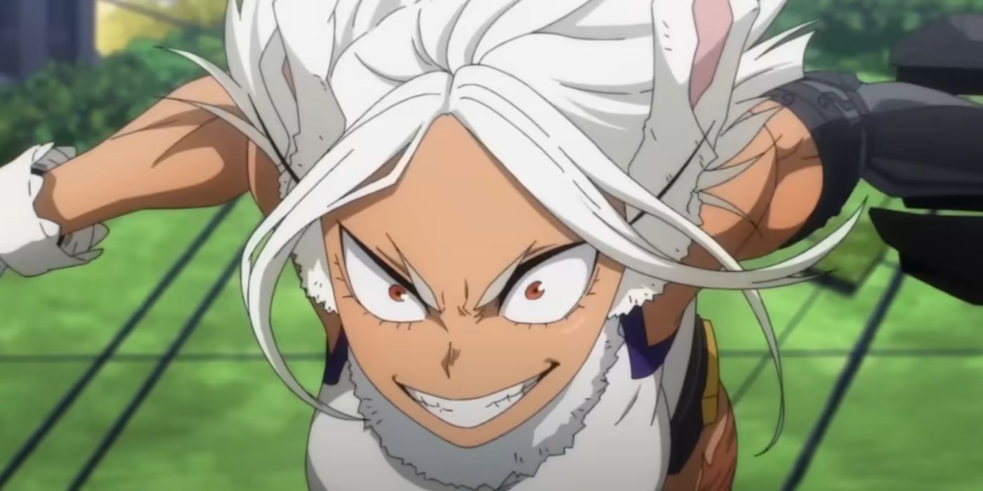 Mirko smiles as she charges at Tomura Shigaraki in My Hero Academia.