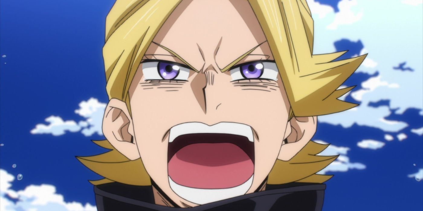 Aoyama shouting against a blue sky with white clouds.