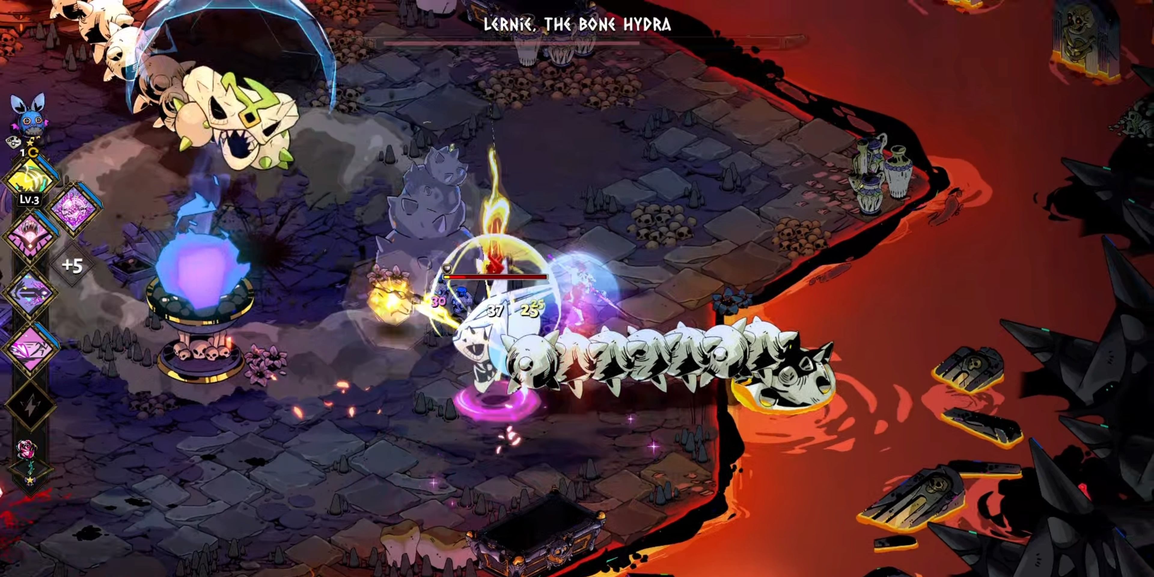 Zagreus defeats Lernie with the help of Varatha, the Eternal Spear.