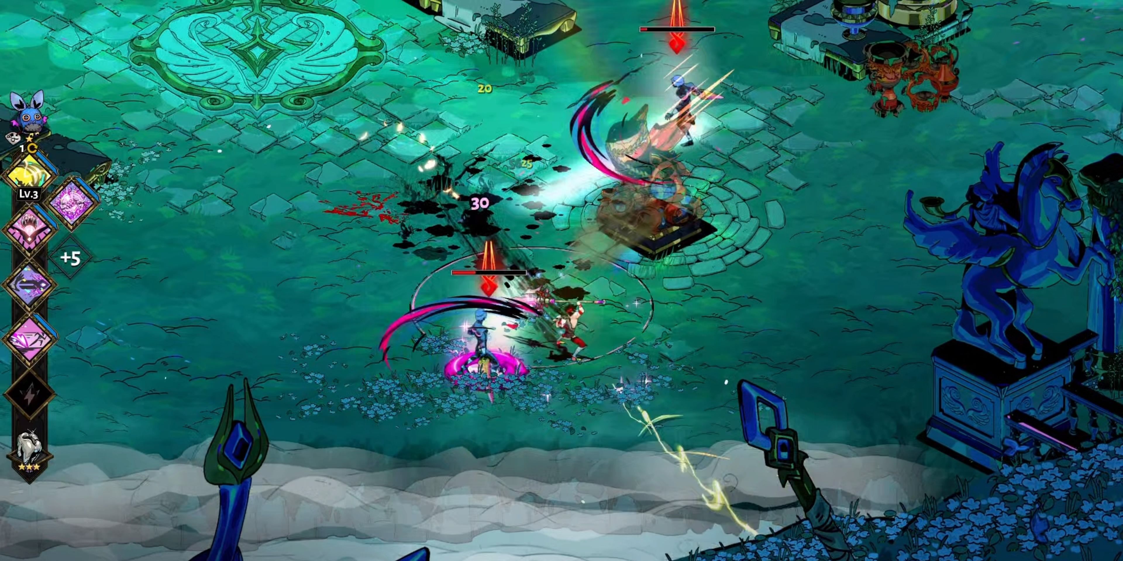 Zagreus faces off in a spear deal with foes in Elysium.