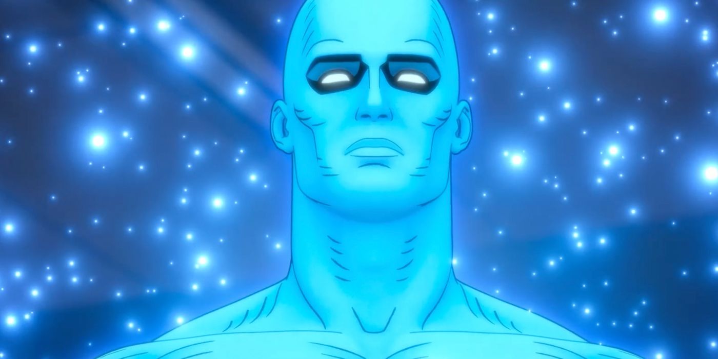 Dr. Manhattan, Watchmen Bölüm 1'den mavi parlayan bir alanda gerçekleşir