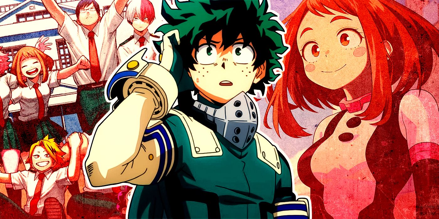 Deku, Ochaco and a group photo of class 1-A from My Hero Academia