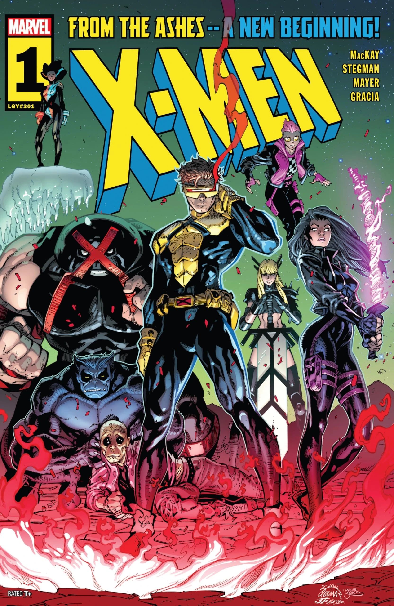 Capa de X-Men Vol 7 #1 mostrando Ciclope e seu novo grupo de X-Men atrás dele.