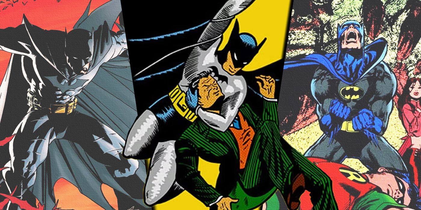 Split image of different eras of Batman from DC Comics creators